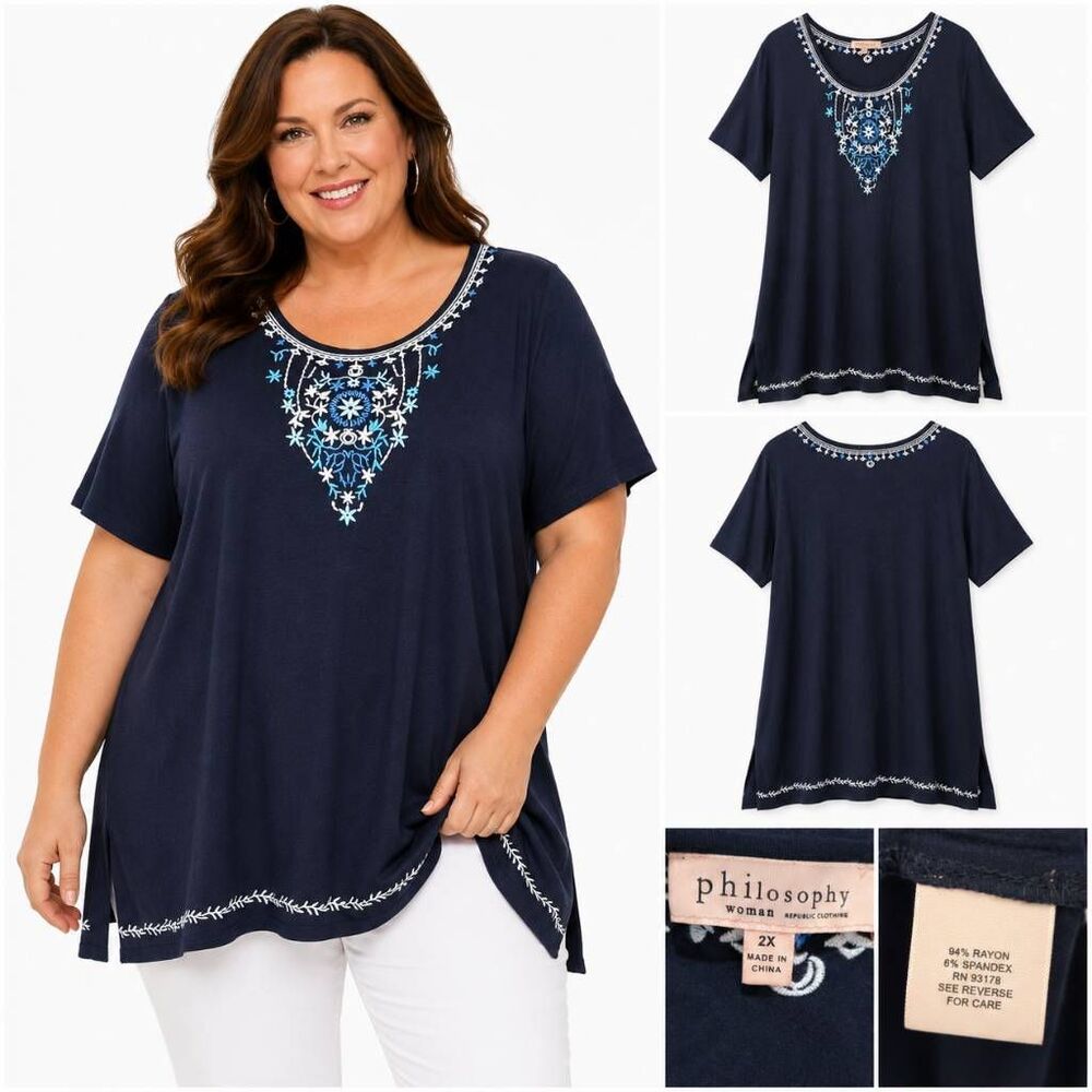 Philosophy Woman 2X Navy Embroidered Boho Tunic Top
